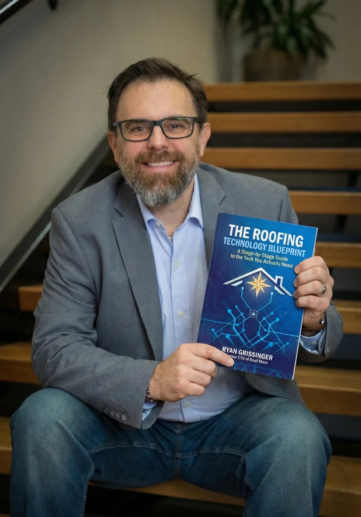 Ryan Grissinger holding The Roofing Technology Blueprint book